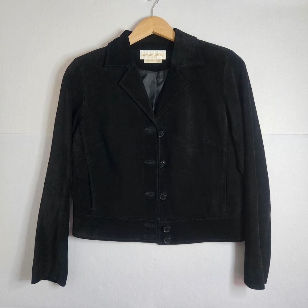Vtg Margaret Godfrey Petite Black Genuine Leather Suede Jacket Button Front 8P
